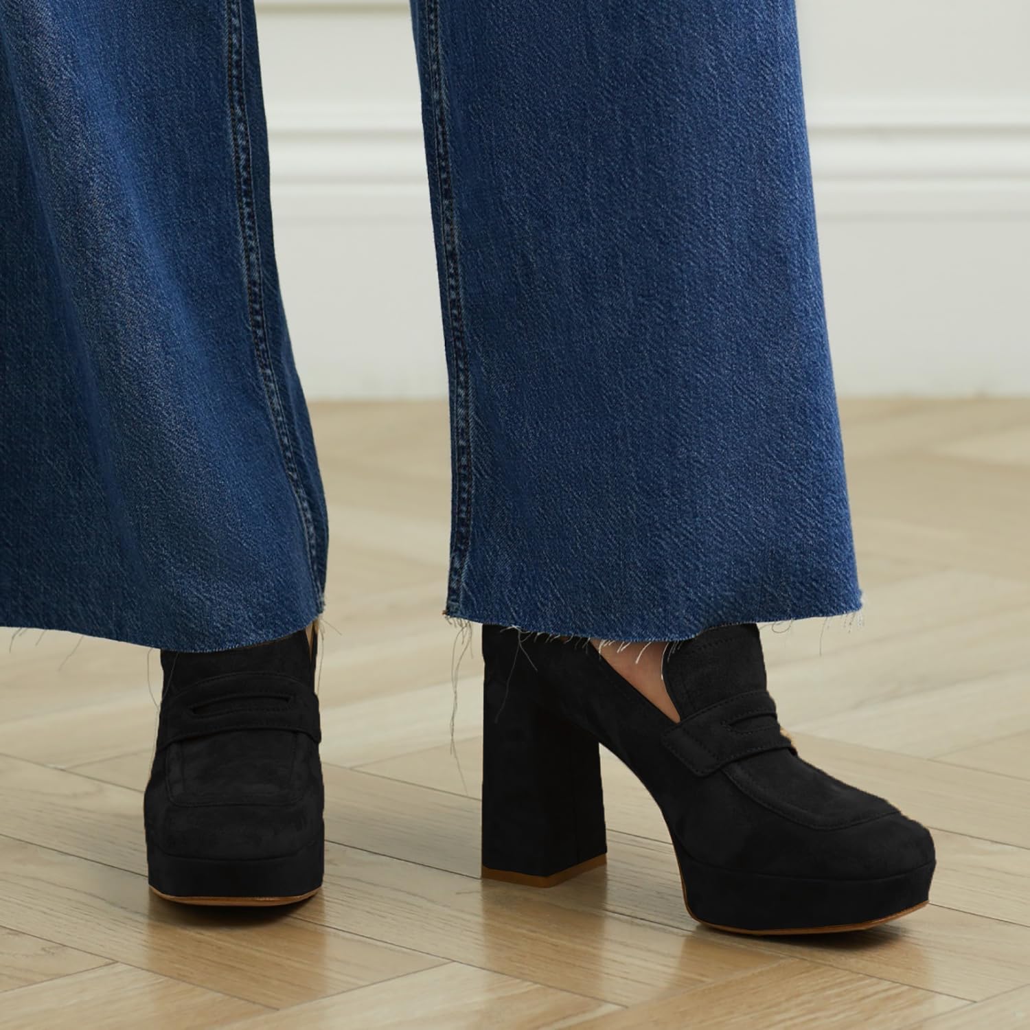 Women Chunky High Heel Platform Loafers Closed Square Toe Heels Suede 4" Block Heel Penny Loafers Pumps Platform Slip On Dress Heels 4-11 M US - Image 2