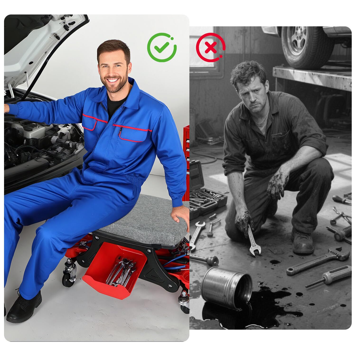 Werkstatthocker Rollhocker,Werkstatt Rollsitz 185kg Belastbar,Garagenhocker mit Aufbewahrungsbox,fixierbare Räder und Paletten, Mobil