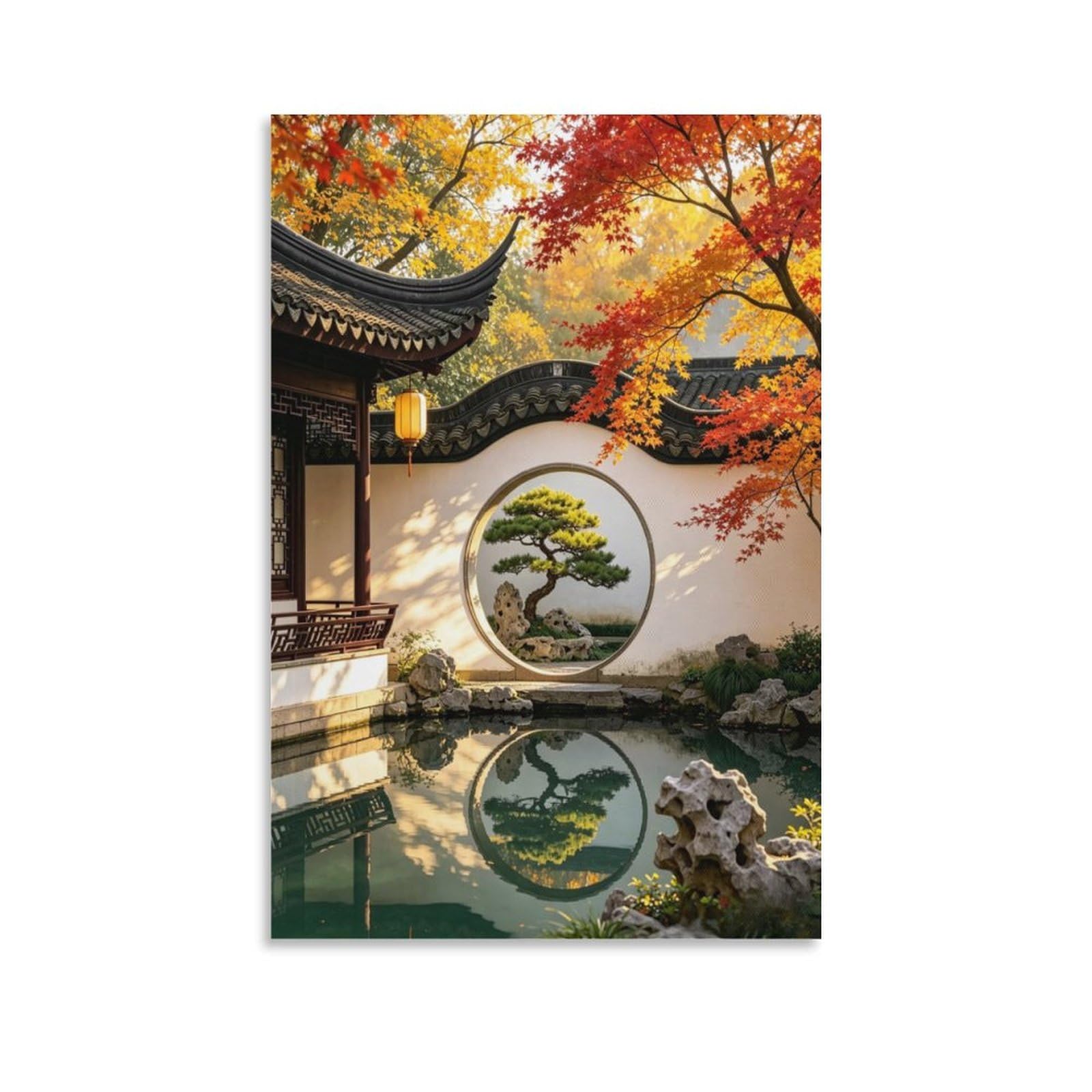IEJKLUVWX Oriental Autumn Courtyard Picture Maple Bonsai Pond Waterproof Canvas Lightweight Moisture Resistant for Living Room Sofa Background Housewarming Gift Modern 20x30inch(50x75cm)
