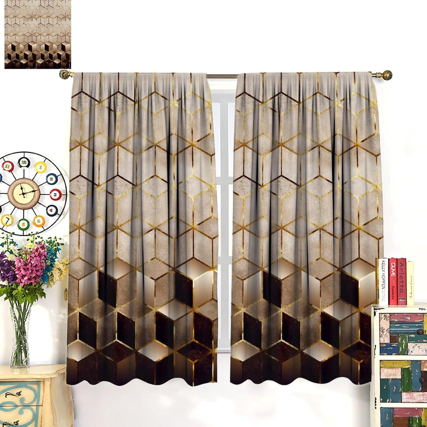 YCness Geometric Marble Curtains, Brown Gold Abstract Geometry Hexagon Pattern Texture Window Treatments for Bedroom Living Room, Brown Ombre Marble Drape 2 Panel Sets,42x45 Inch