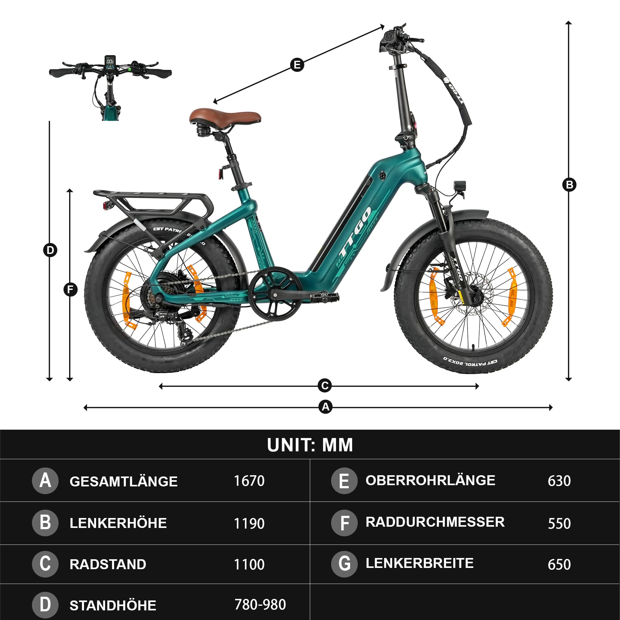 ttgo F8 E-Bike 20 Zoll Fat Tire für Damen & Herren, Pedelec mit 48V 18Ah Akku abnehmbar, bis 150 km Reichweite, 250W Heckmotor 70Nm, Shimano 7-Gang, Carbonrahmen, StVZO