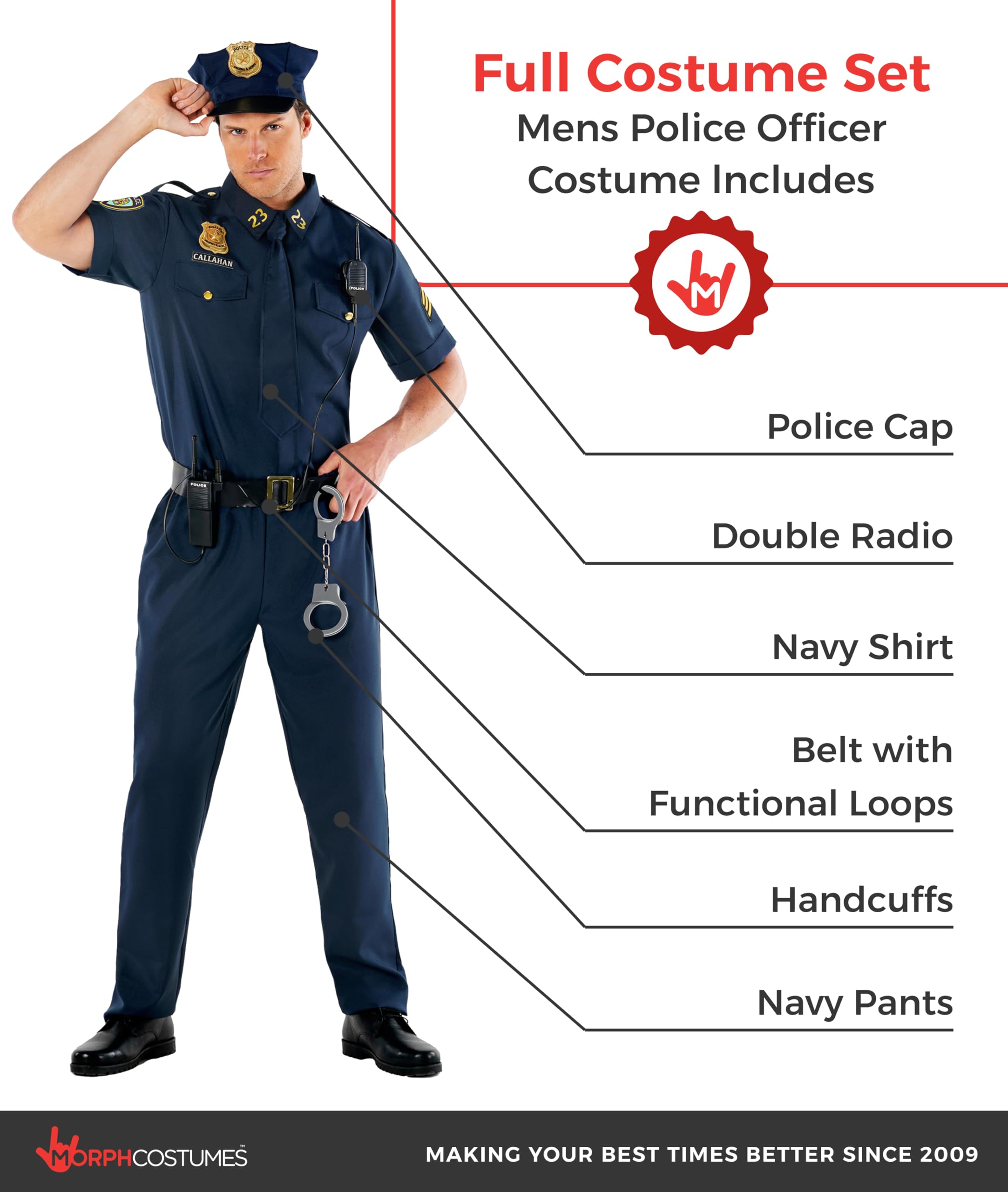 Morph Costume Policier Homme, Déguisement Officier, Tenue de Flic, Uniforme Policier
