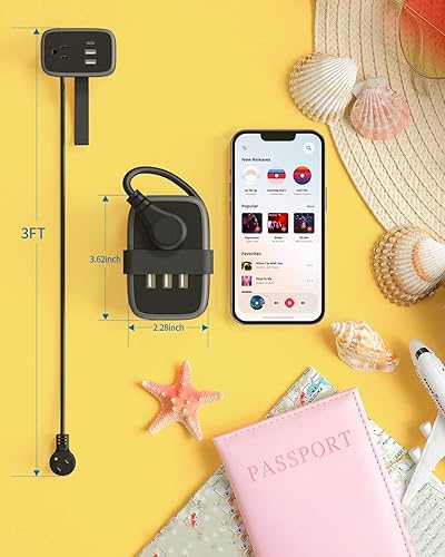 Miniatura 7 de NTONPOWER Regleta de alimentación pequeña portátil de viaje con cable de extensión de enchufe plano envuelto de 3 pies, 2 tomas de corriente, 3