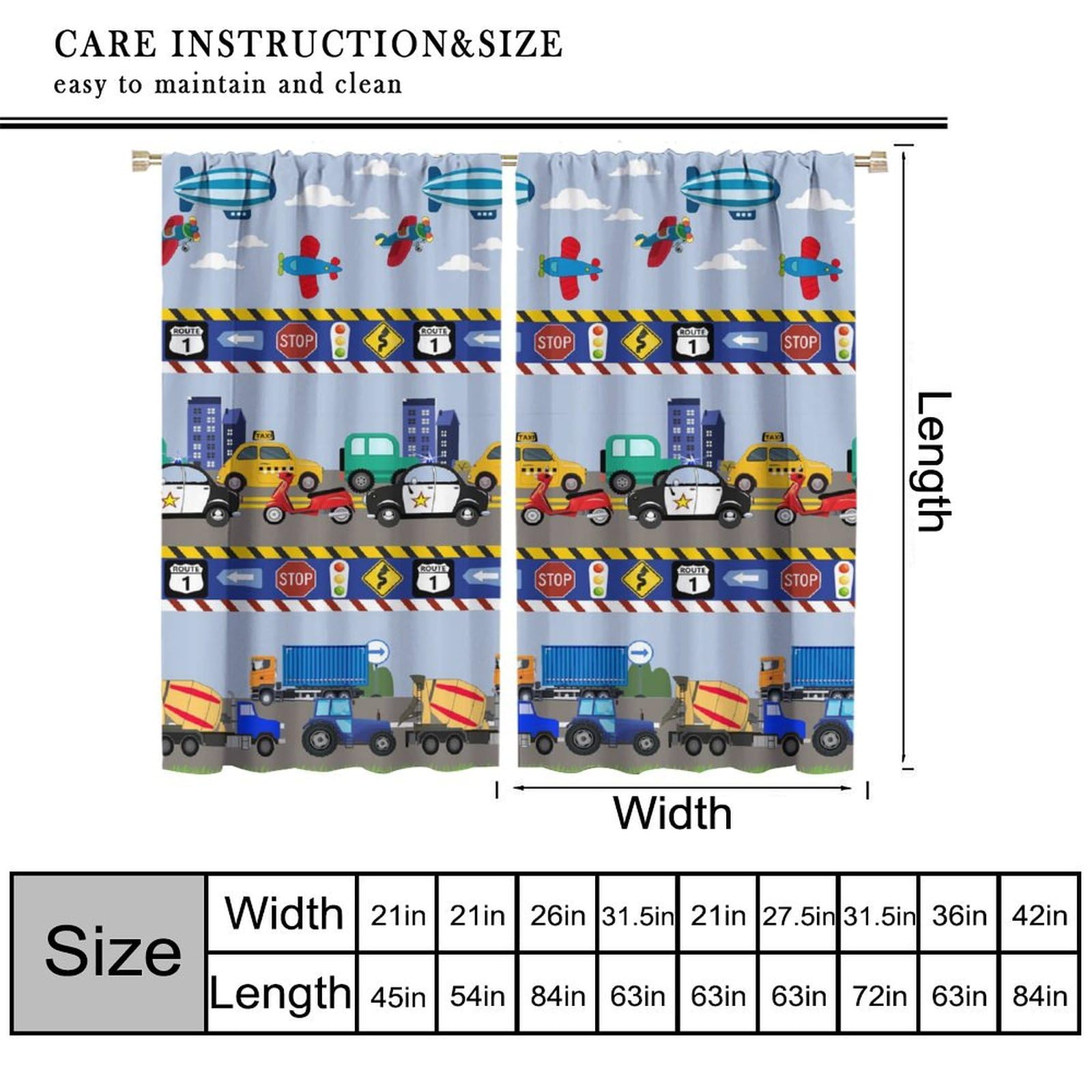 wlsgdsg Cartoon Cars Curtain,Kids Boys Aircraft Vehicles Road Clouds Print Window Treatment Curtains for Kitchen Bedroom Cafe Dining Room Office Living Room Drapes, 55x63 in