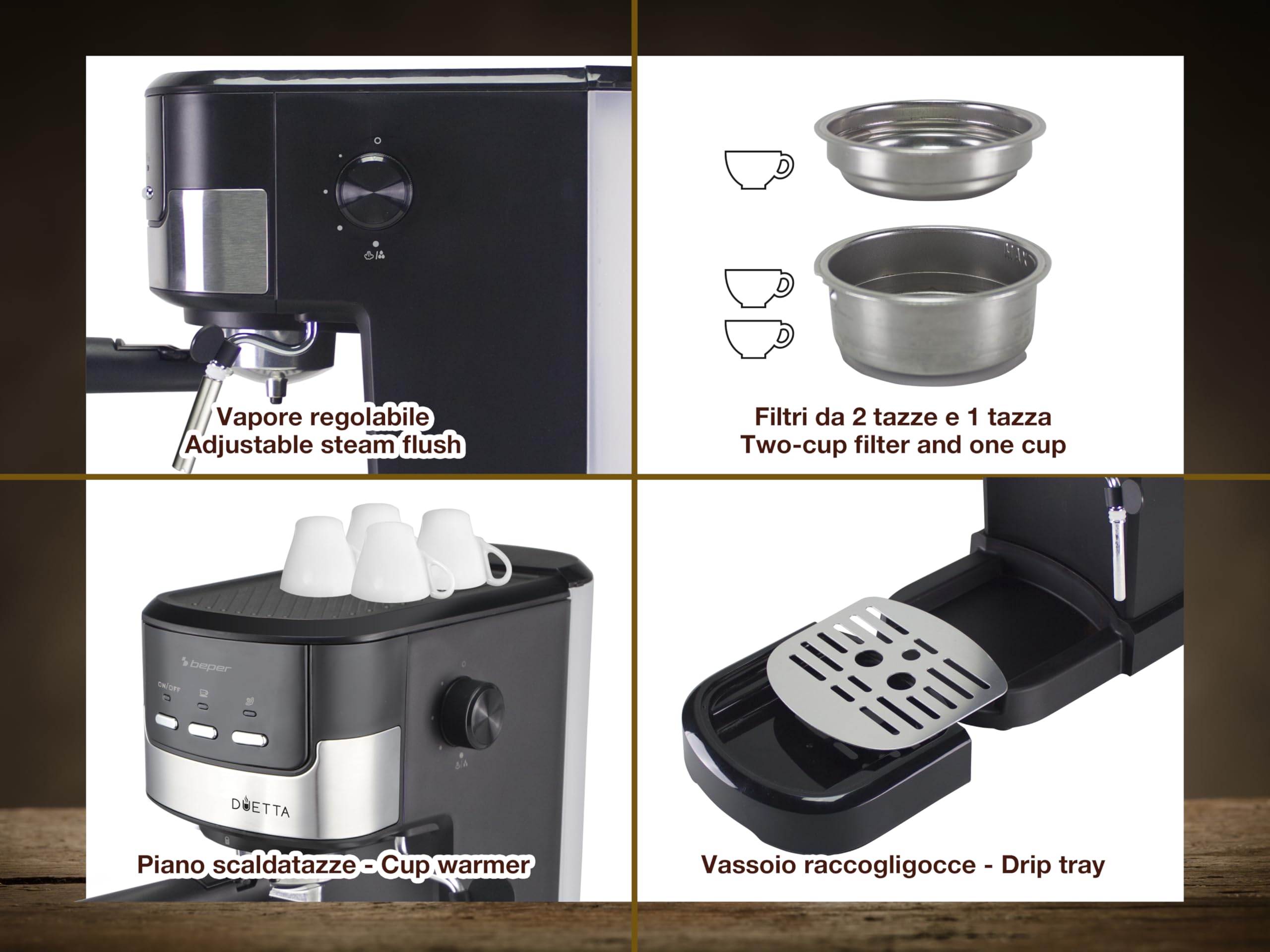 BEPER P101CAF100 Duetta Espresso-Kaffeemaschine, 1100W, 15 bar, Schwarz