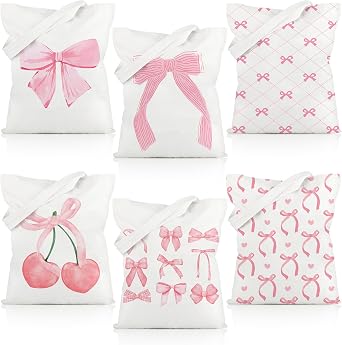 Sotiff 6 Pcs Coquette Pink Bow Tote Bag Preppy Aesthetic Canvas Gift Bag for Women Wedding Birthday Baby Shower Party Favor