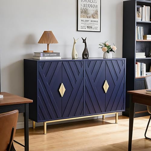 Armarios de buffet con almacenamiento, armarios de almacenamiento decorativos con puertas estriadas, mango y patas de metal dorado, mesa consola de