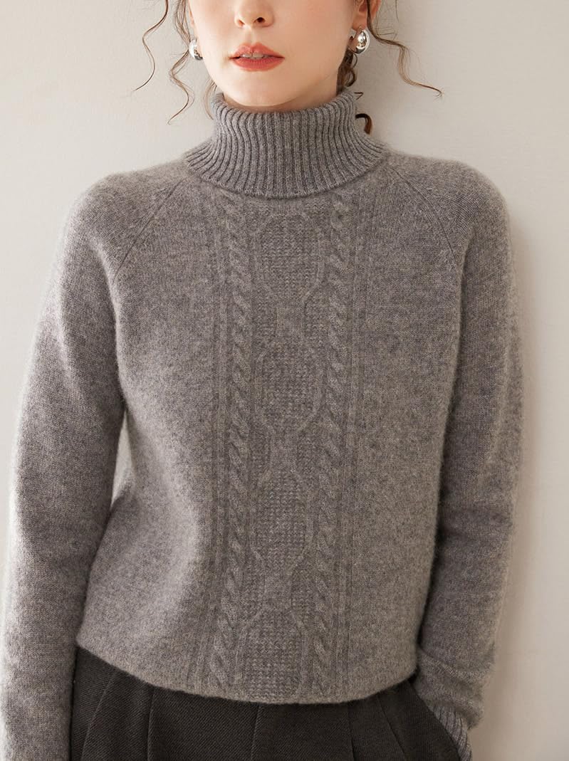 DISSA Maglione da donna in cashmere, a collo alto, a maniche lunghe, in lana cashmere, motivo a treccia, maglione spesso rilassato, SH530