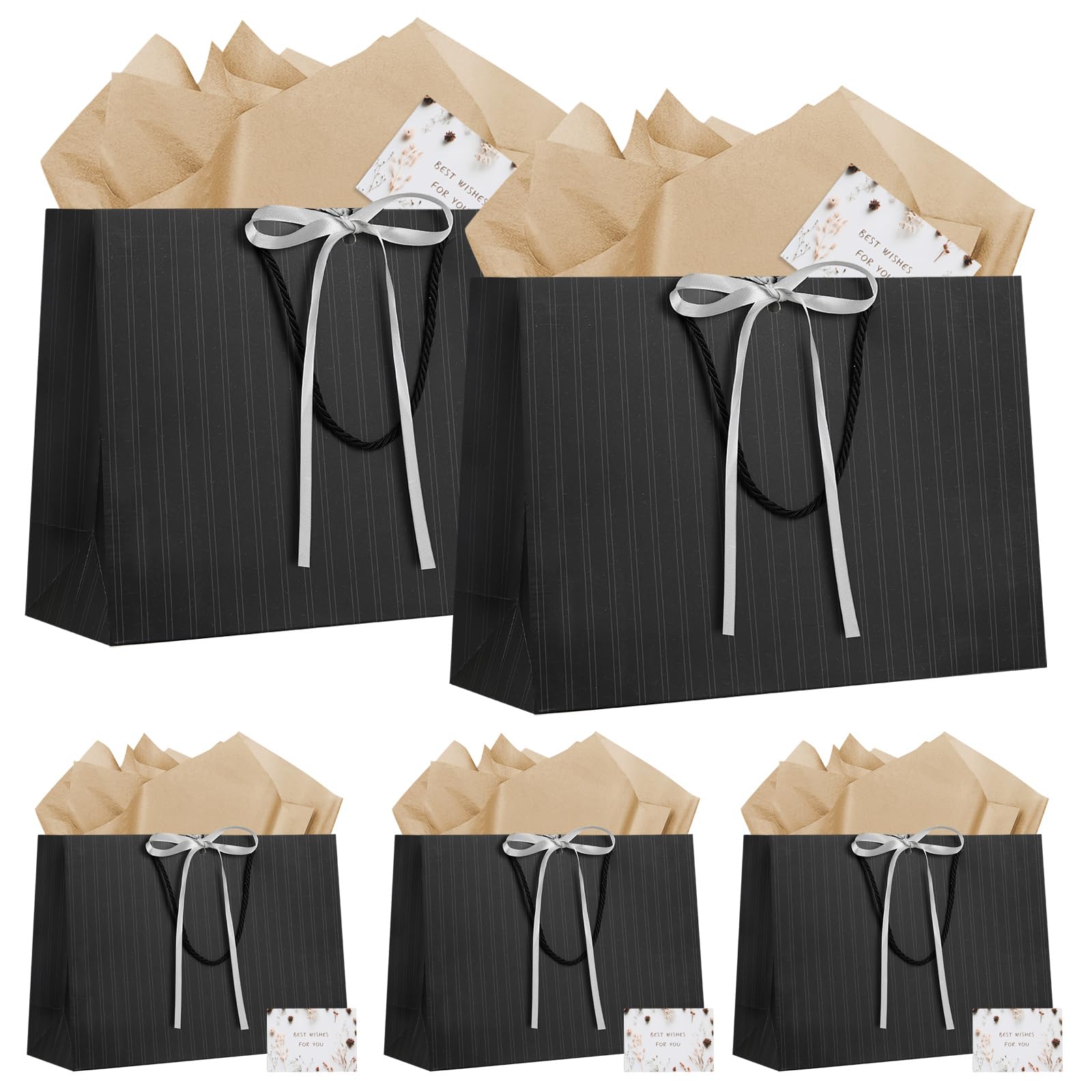 LVNRIDS 5 Piece Gift Bag Large with Handle, 32x11x25cm Gift Bags with ribbons 5 Greeting Cards 5 Tissue Paper, Gift Bags for Wedding Birthday Party Christmas Thanksgiving Presents Black