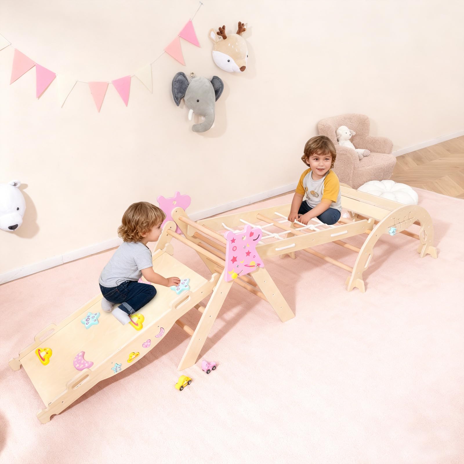 RELAX4LIFE Set da Arrampicata per Bambini, Triangolo di Arrampicata con Scivolo e Arco, Gioco di Incastri in Legno, Gioco Montessori per Bambini 1+ Anni
