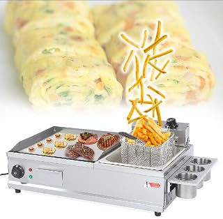 Electric Griddle Pancakes with Deep Fryer, Commercial Electric Griddle with Seasoning Rack, Breakfast Frying Pan Flat Top Grill (S)