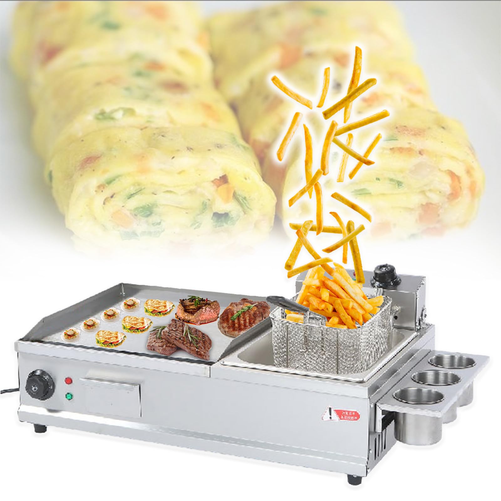Eastnmythet Electric Griddle Pancakes with Deep Fryer, Commercial Electric Griddle with Seasoning Rack, Breakfast Frying Pan Flat Top Grill,Small