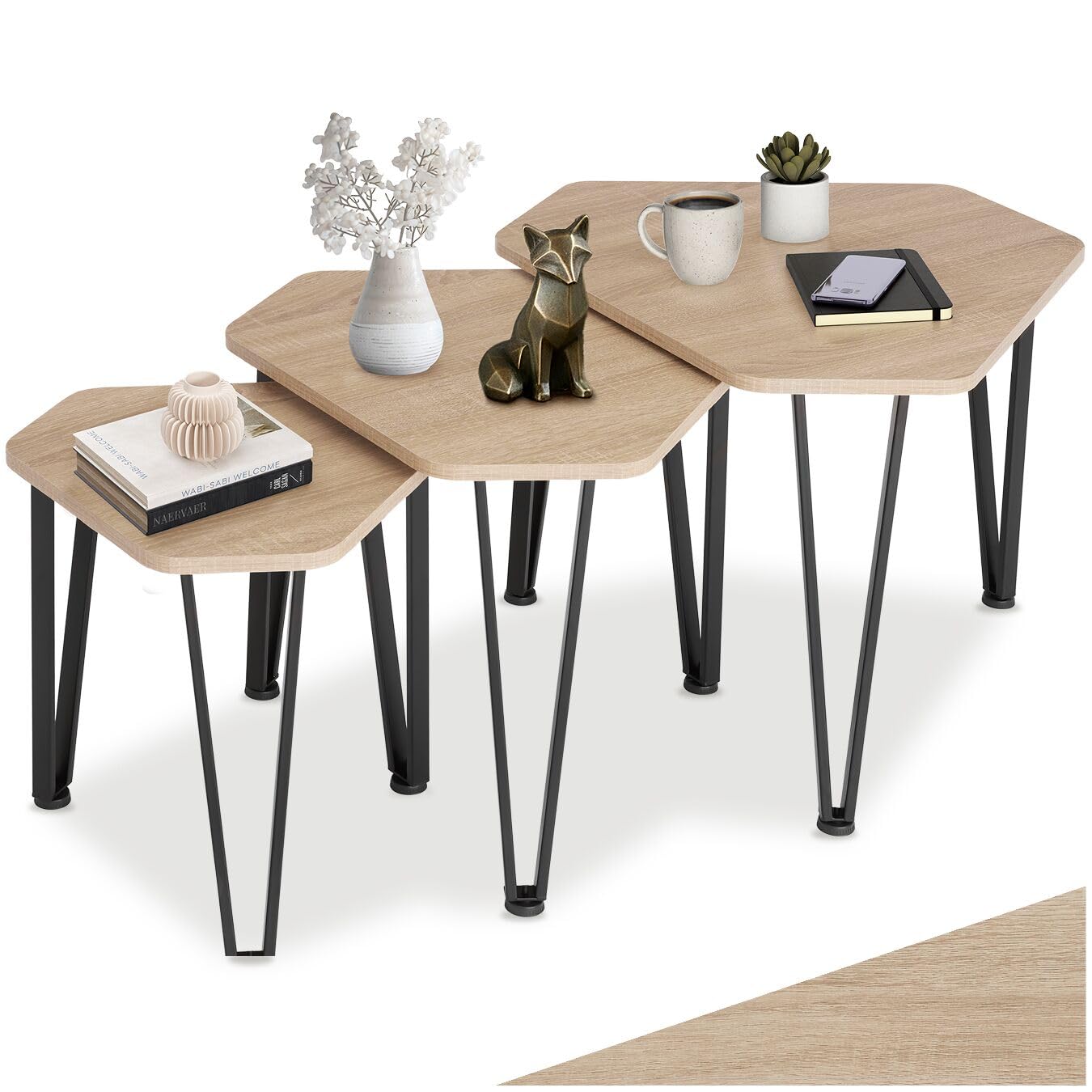 tectake 801115 Set tavolini Torquay, Piedi in plastica regolabili in altezza, Facile da curare (Industriale legno chiaro, rovere Sonoma)