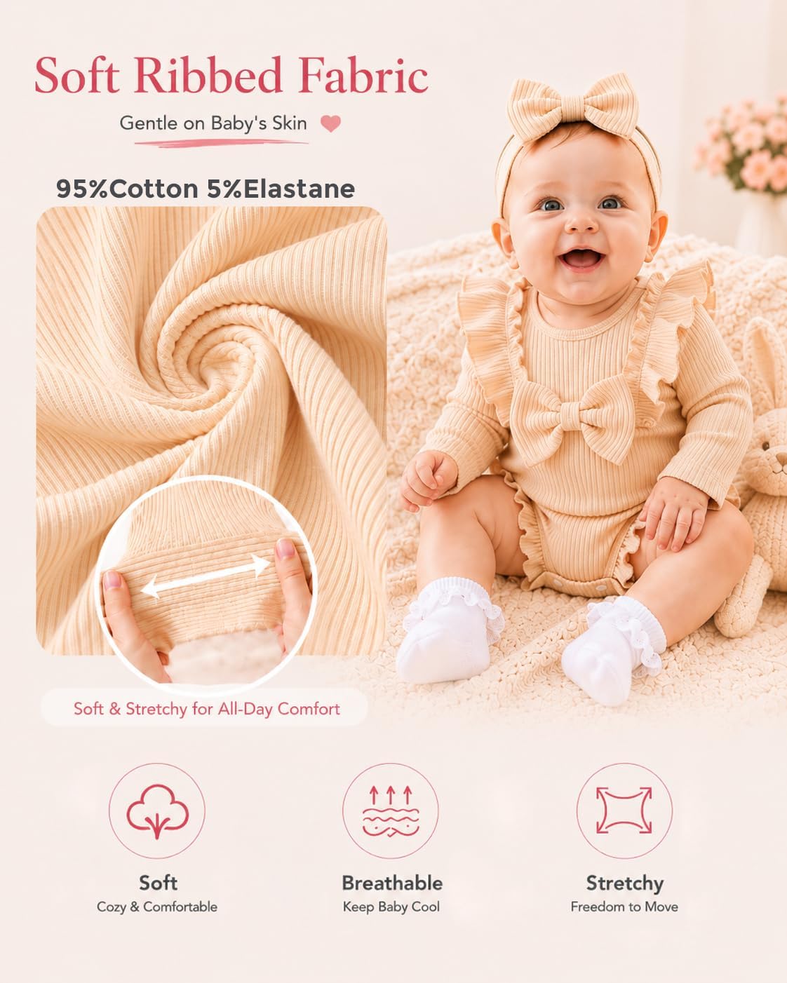 Renotemy Baby Girl Clothes Ruffle Bodysuit Romper Long Sleeve Cotton Outfit with Headband Preemie Newborn Fall Winter Gifts