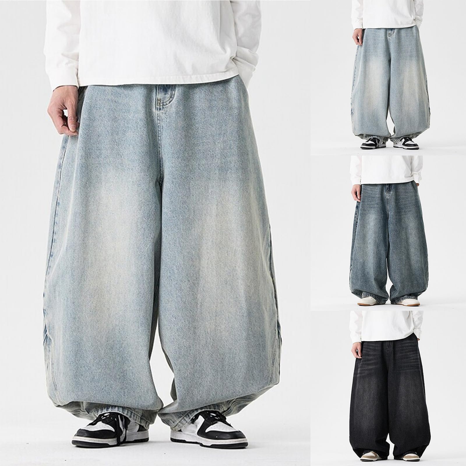 Jeans larghi da uomo, vestibilità ampia, elasticizzati, per jogging, streetwear, viaggi, vintage, casual, a gamba larga, stile hip-hop, skater, per adolescenti