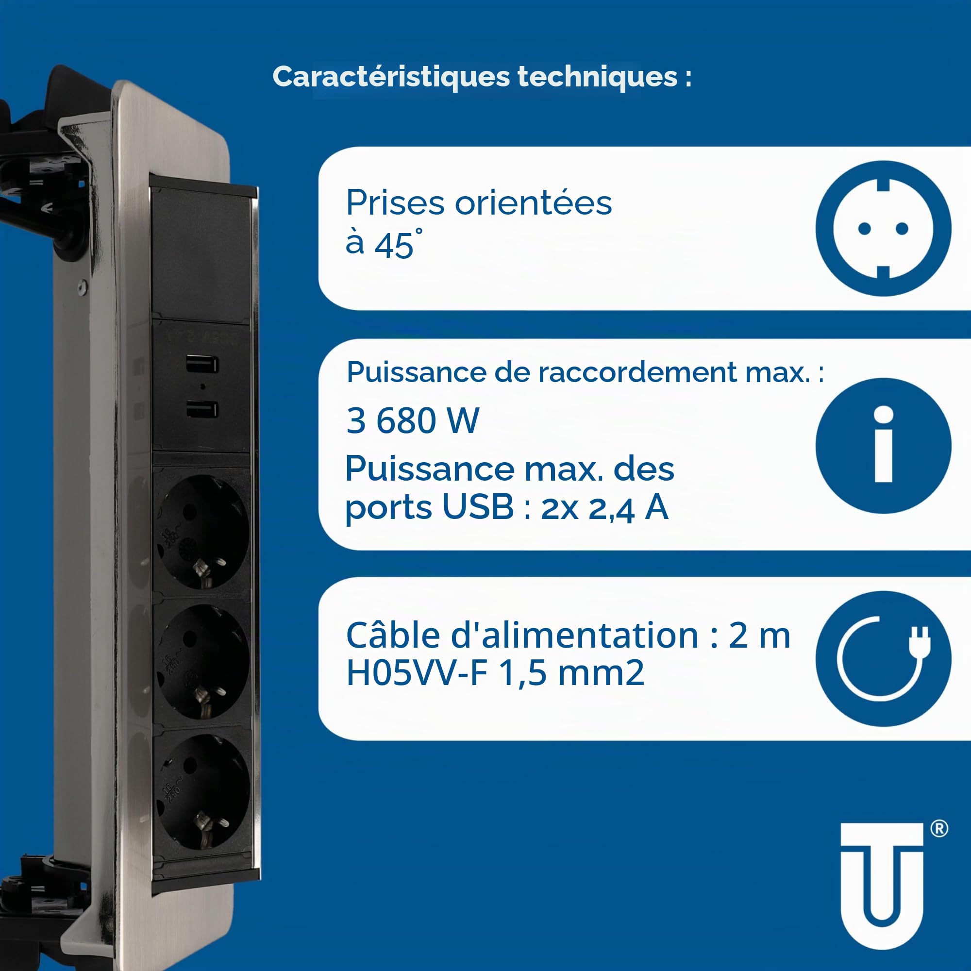 Unitec Multiprise escamotable horizontale | 2 prises de charge USB | 3 prises | rabats de fixation inclus | câble de raccordement et prise d'alimentation