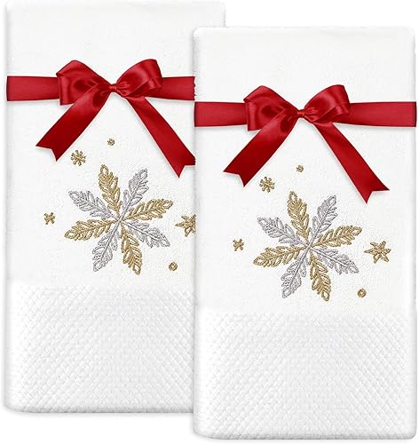 AnyDesign - Paquete de 2 toallas de mano navideñas bordadas de algodón gris dorado con copos de nieve de Navidad con cinta roja, toalla decorativa
