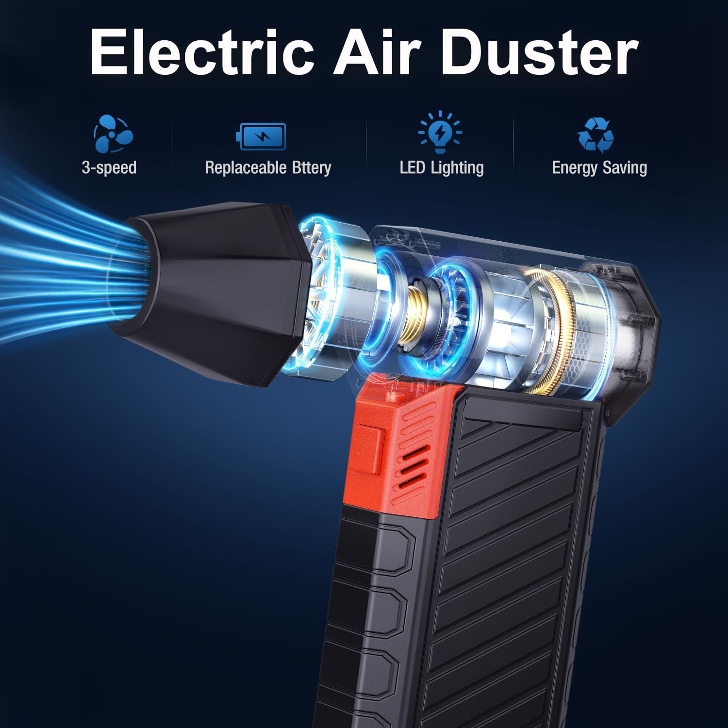 Compressed Air Duster with Rechargeable & Replaceable Battery, High-Speed Electric Air Duster, 3 Gear Adjustable Cordless Air Duster with LED Light for Computer, Keyboard, Outdoor, Home Cleaning