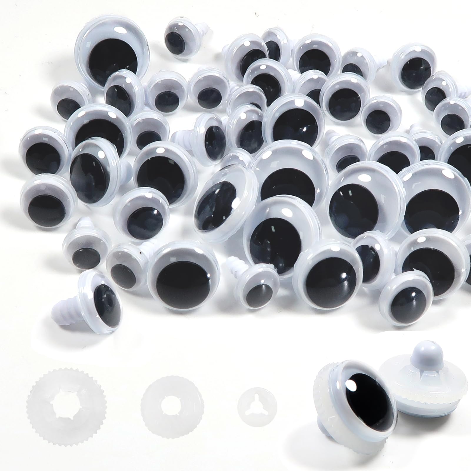 TOAOB 50pcs Black Wiggle Googly Eyes Plastic Safety Eyes 10mm 12mm 15mm 18mm Round Craft Eyes with Washers for DIY Arts Crafts Stuffed Animals Amigurumis Bears Dolls Making