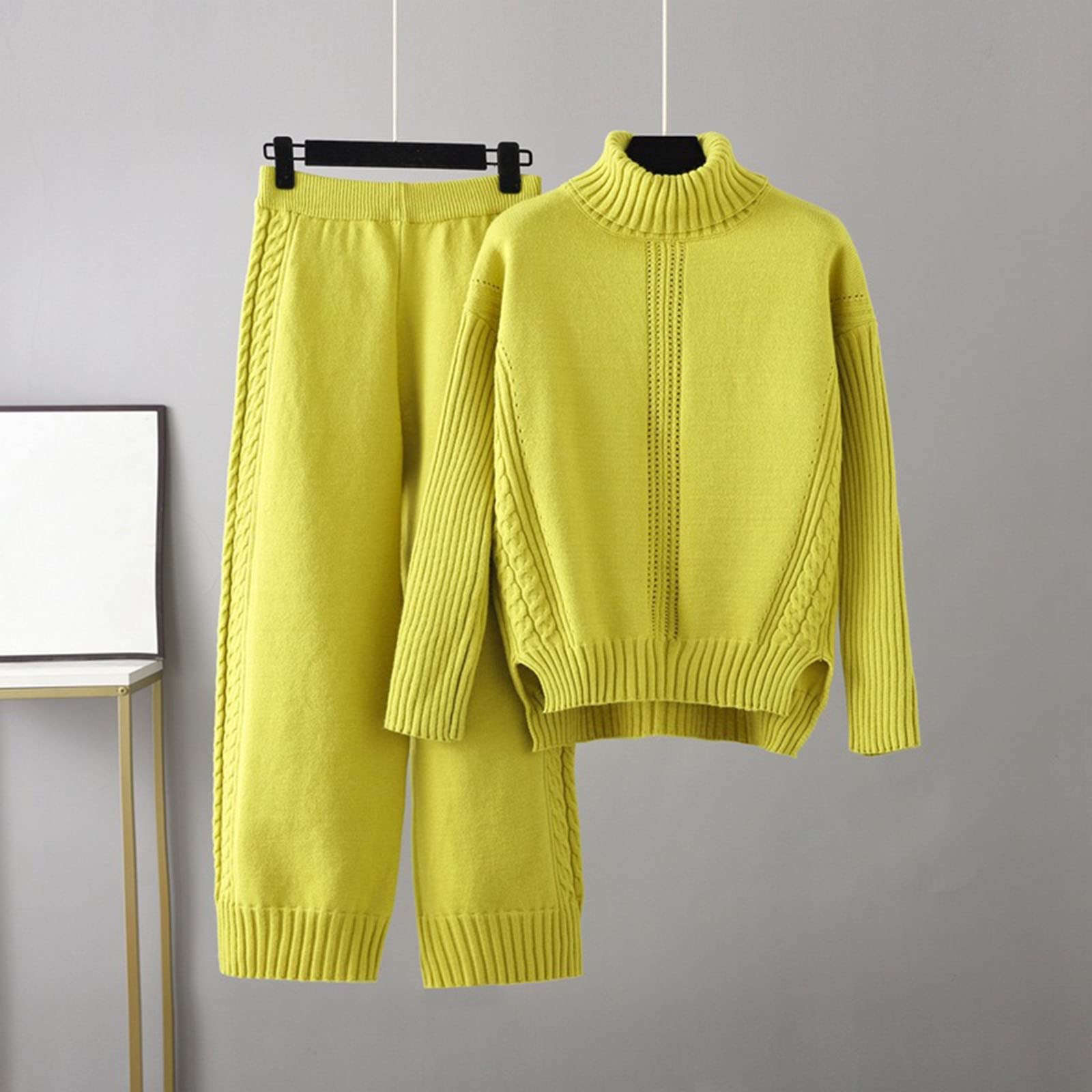 Jogginganzug Damen Hosenanzug Dunkelblau Damen lose beiläufige Hose mit weitem Bein gestrickt Stehkragen Pullover Zweiteiliger Anzug Outfit