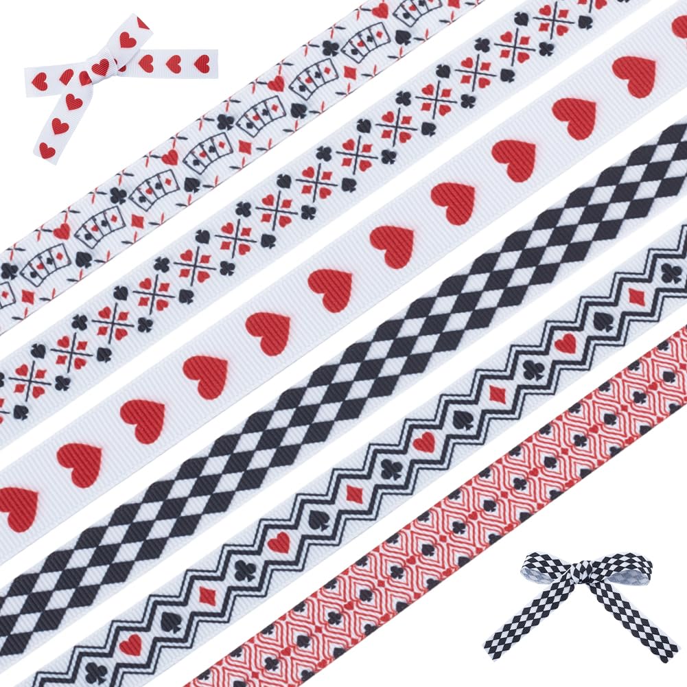 HOBBIESAY 30 Yards 6 Rolls Playing Card Ribbon Set 0.6 Inch Wide Poker Style Grosgrain Ribbons Punk Style Poker Card Ribbon Magic Fabric Ribbons for Home Party Festival Craft Decoration
