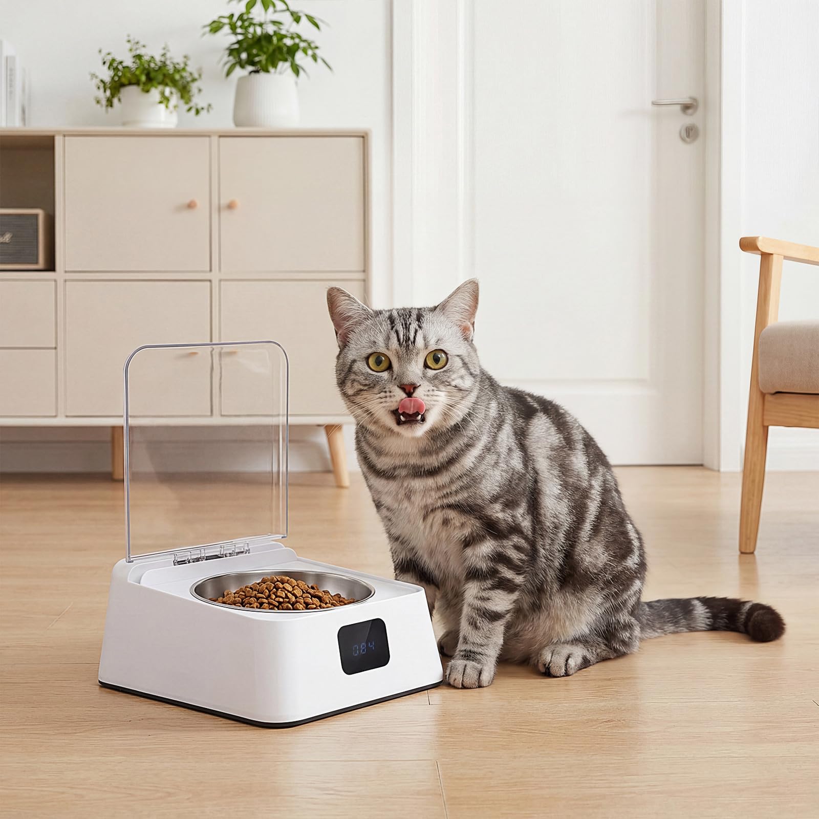 jojofuny Distributore Automatico Cibo per Animali con Sensore a Induzione, Ciotola in Plastica Bianco con Base Antiscivolo e Batteria, Grande Capacità per Cani e Altri Animali