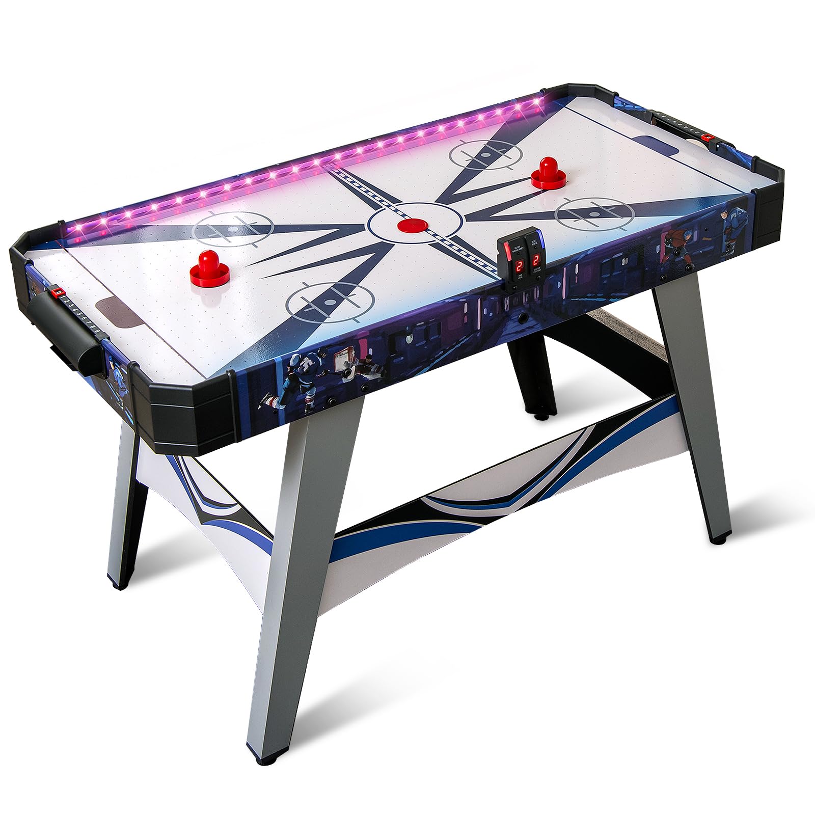COSTWAY Air Hockey da Tavolo con 2 Spintori e Dischi, Piedini Regolabili, Tavolo da Hockey Alimentato con 12V Motore e Tabellone Segnapunti LED, Tavolo Hockey da Interno 137 x 65 x 86 cm