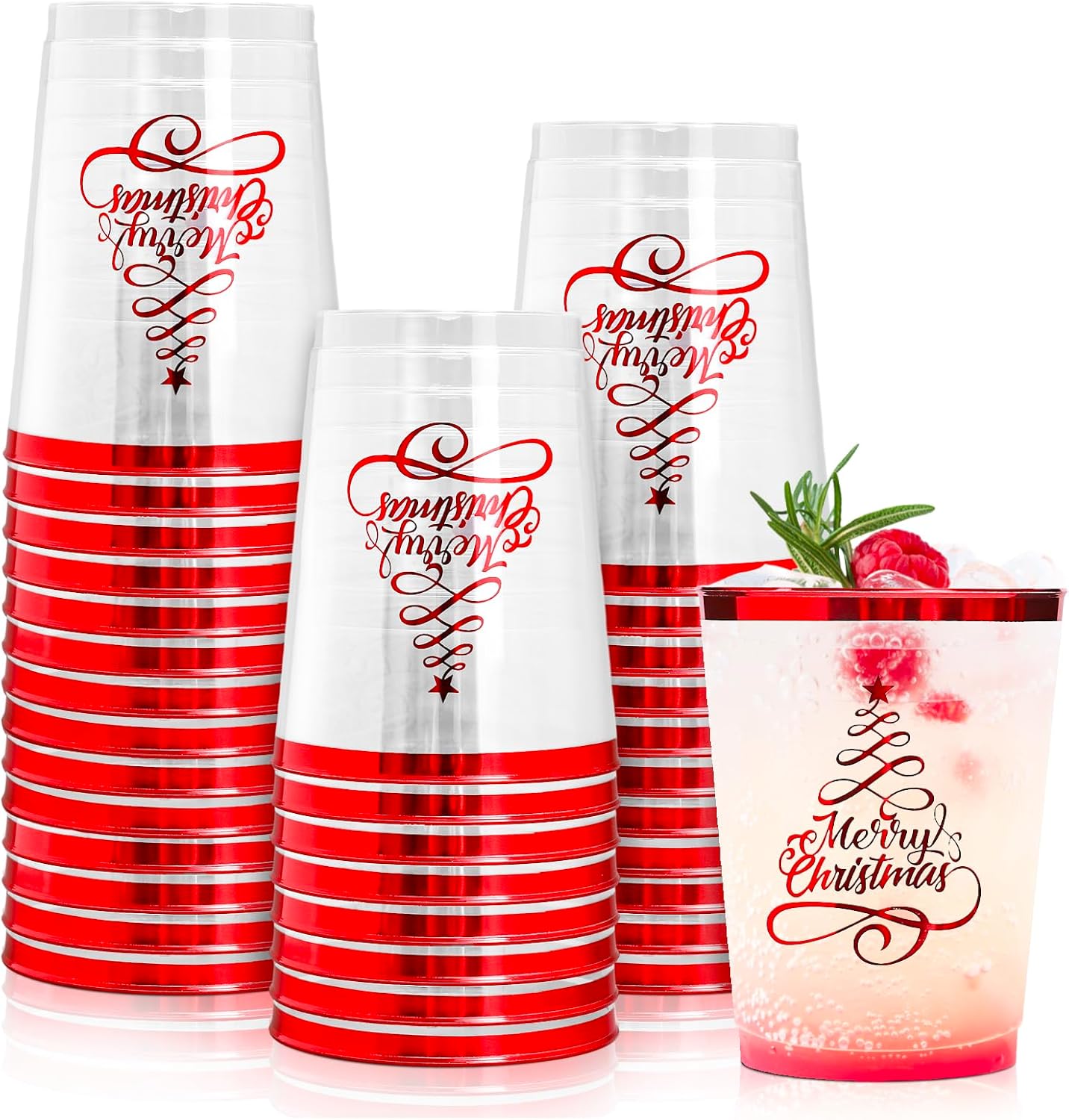 FYSUIMU 50Pcs Christmas Plastic Cups 10 Oz Xmas Tree Party Drinking Cup Disposable Clear Wine Glasses for Holiday Party Supplies