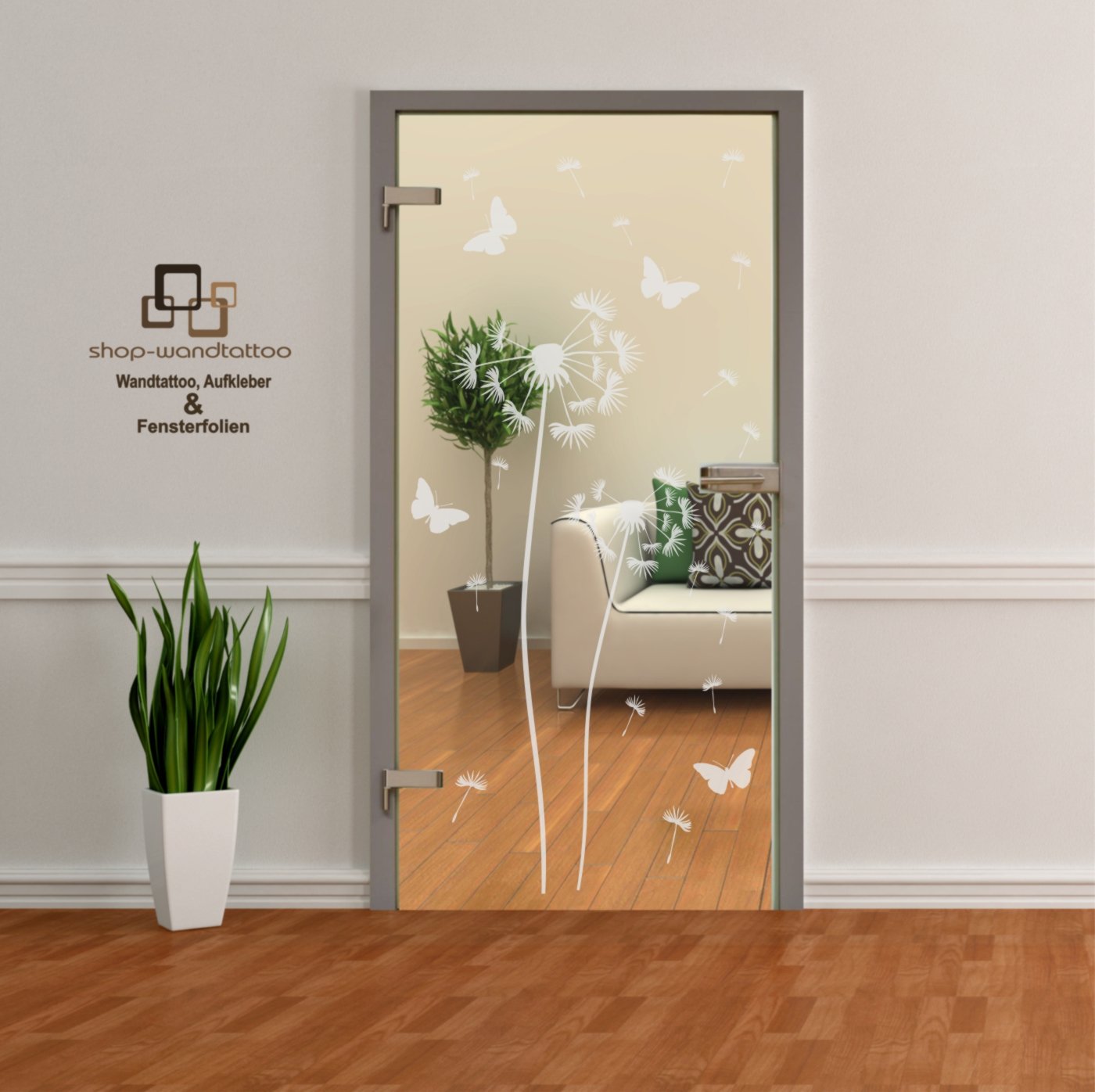 Glastür Aufkleber Folie Glasdekor Fensterfolie Sichtschutz Wohnzimmer, Bad, Küche, Pusteblume einzeln oder als Set (2er Set 120cm und 160cm)