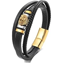 Mens Black braided leather Bangle Bracelet, Vintage Stainless Steel Roaring Lion Head, Two-row