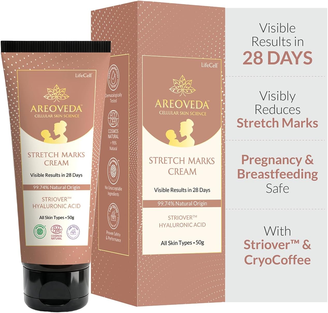 AreoVeda Stretch Marks Removal Cream (50g) | Targets Stubborn Old & New Stretch Marks | Powered With Striover & CryoCoffee | Non-Sticky, Fast Absorbing | Pregnancy & Breastfeeding Safe