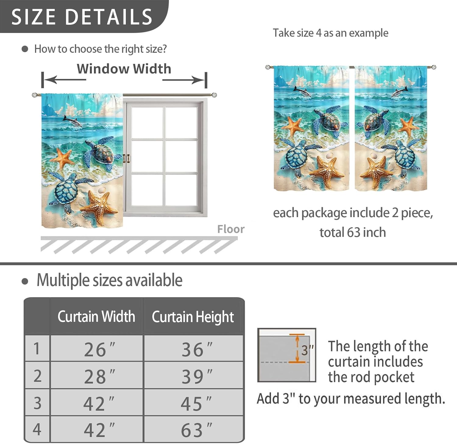 Beach Kitchen Curtains Ocean Sea Turtle Blackout Curtains Summer Short Tier Curtain Cafe Tier Curtains Decor for Living Dining Bathroom Room Seascape Hawaiian Theme 2 Panels Set 42"x 45"