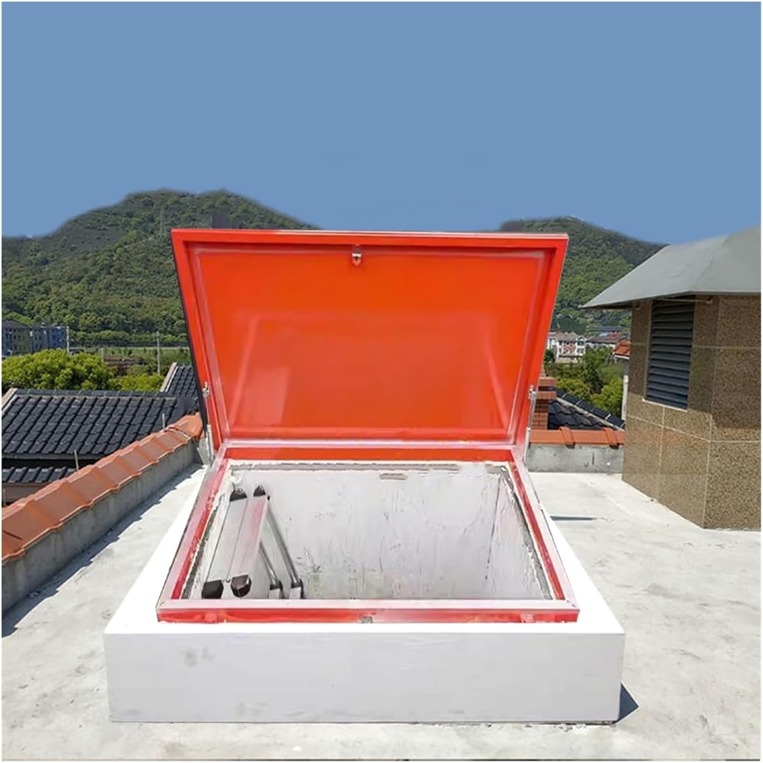 Custom Attic Outlet Cover Outdoor Red 19 23 27 31 35 39 Inch with Deadbolt Latch 2 Gas Shock Struts Metal Basement Outlet Covers