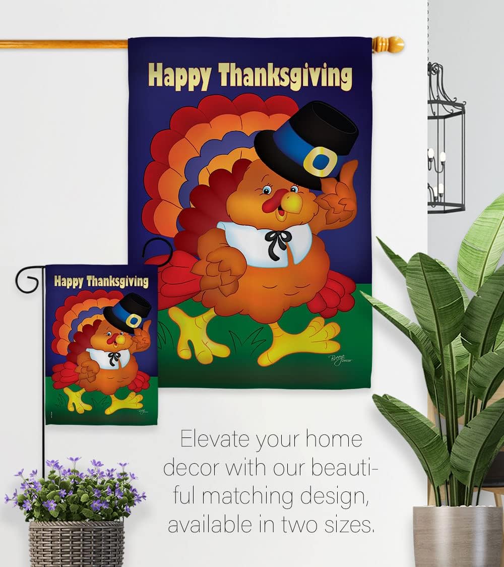 Breeze Decor H113037 Happy Turkey Fall Thanksgiving Decorative Vertical House Flag, 28" x 40", Multi-Color