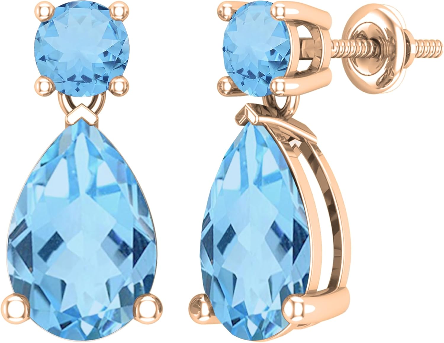 Dazzlingrock Collection 12x8mm Each Pear Shaped & Round Blue Topaz Drop Dangle Earrings for Her in 14K Solid Gold