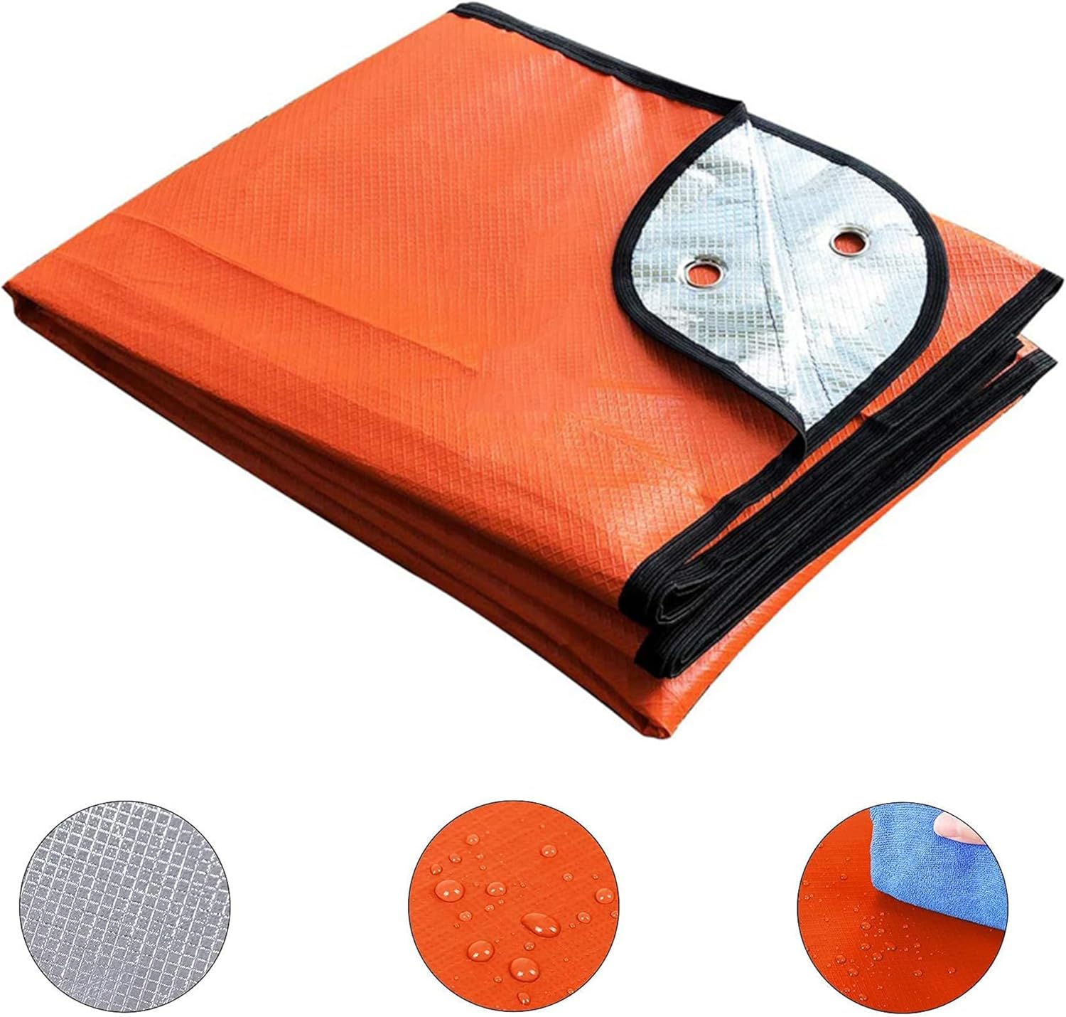 Heavy Duty Survival Blanket, Thermal Reflective Insulated Tarp, All-Weather Waterproof Emergency Blanket for Hiking, Camping, Camping Tarp with 4 Ground Nails,59" x 82" (Orange)