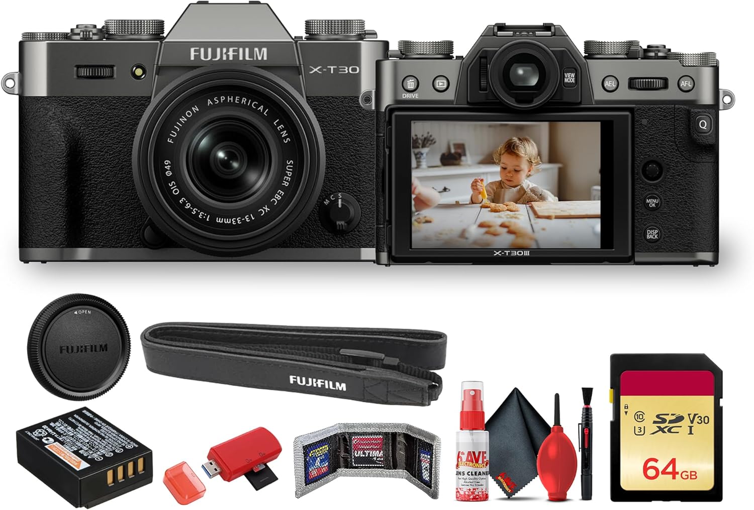 FUJIFILM X-T30 III Mirrorless Camera with 13-33mm f/3.5-6.3 Lens (Charcoal Silver) (16966957) Bundle with + 64GB Memory Card + Memory Card Wallet + Cleaning Kit