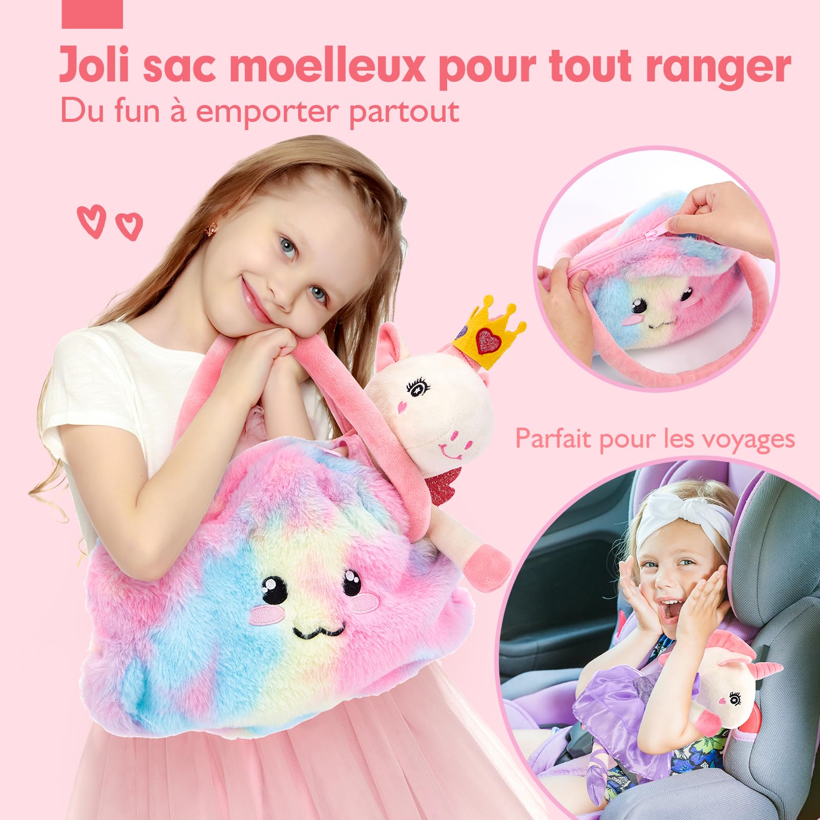 hahaland Licorne Peluche pour Filles 3+ Ans, Licorne à Habiller avec 3 Ensembles de Vêtements & 1 Sac Nuage en Fourrure, Jouet Créatif Jeu de Rôle, Cadeaux Anniversaire pour Fille 3 4 5 6 7 Ans