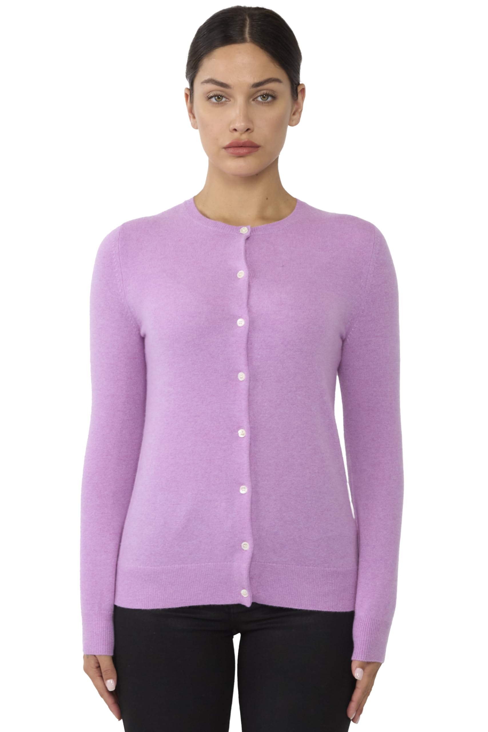 JENNIE LIU Women's 100% Cashmere Button Front Long Sleeve Crewneck Cardigan(M, Orchid)