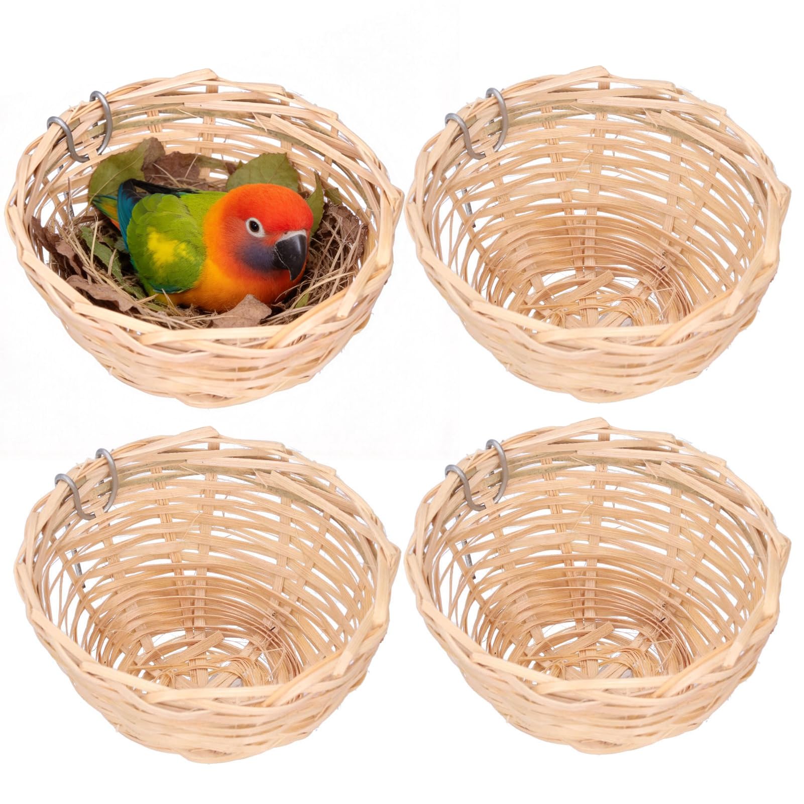 4 Pièces Nid D'oiseau Fait à la Main Maison D'oiseau Robuste Et Naturel en Bambou Nid D'oiseau Fournitures pour Oiseaux Cage à Oiseaux avec Crochet pour Petits Perroquets Canaris Calopsittes