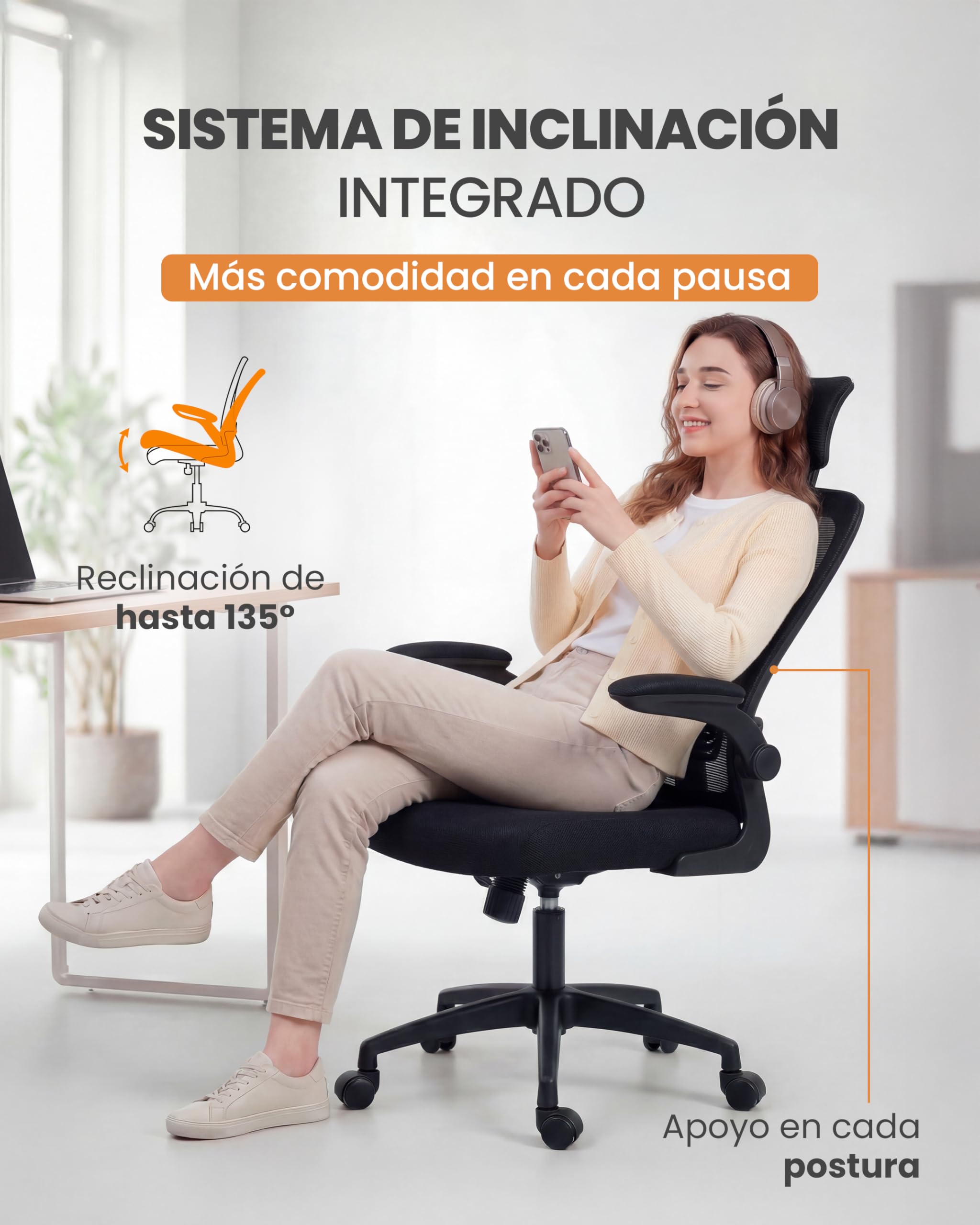 unycos - Silla de Oficina o Escritorio Ergonómica con Reposacabezas y Reposabrazos Abatibles【Soporta hasta 130 kg】 Respaldo con Malla Transpirable, Regulable en Altura, Ruedas Giratorias 360° (Negro)