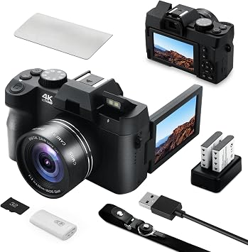 48MP Digital Camera 4K Video 3-Inch LED Display 16X Optical Zoom Auto Focus 180 Flip Screen, 4K Vlogging Cameras Fotograficas for YouTube with 32GB TF Card, 2 Batteries Black