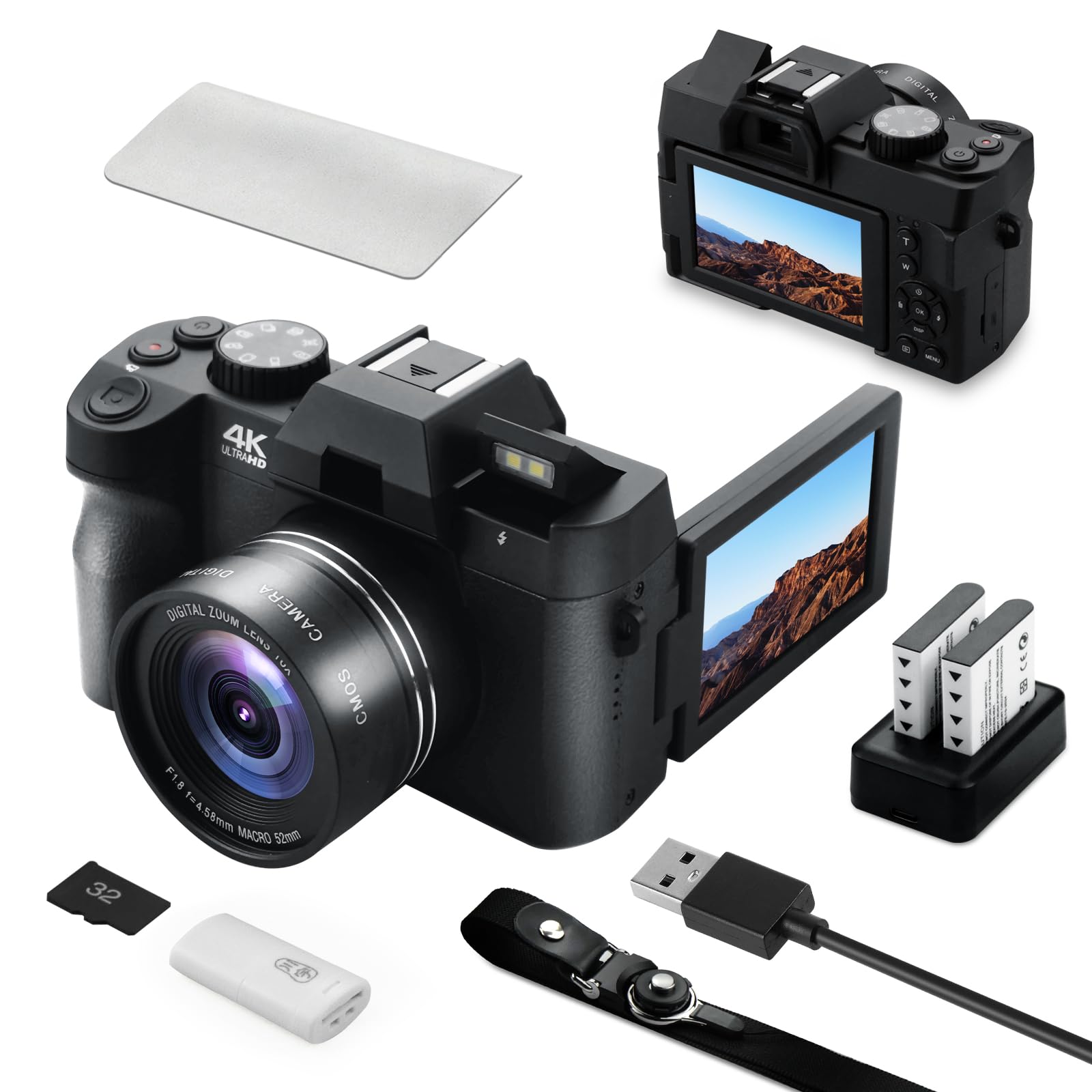Fwmntu 48MP Digital Camera, Black, 4K Video, 3-Inch LED Display, 16X Optical Zoom, Auto Focus, 180° Flip Screen, Vlogging Camera with 32GB SD Card, 2 Batteries-picture-11