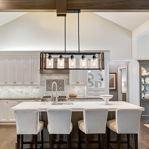 Miniatura 2 de Iluminación de isla de cocina de granja, lámpara de comedor de 5 luces, con pantalla de cristal, lámpara lineal de granja de hierro forjado con