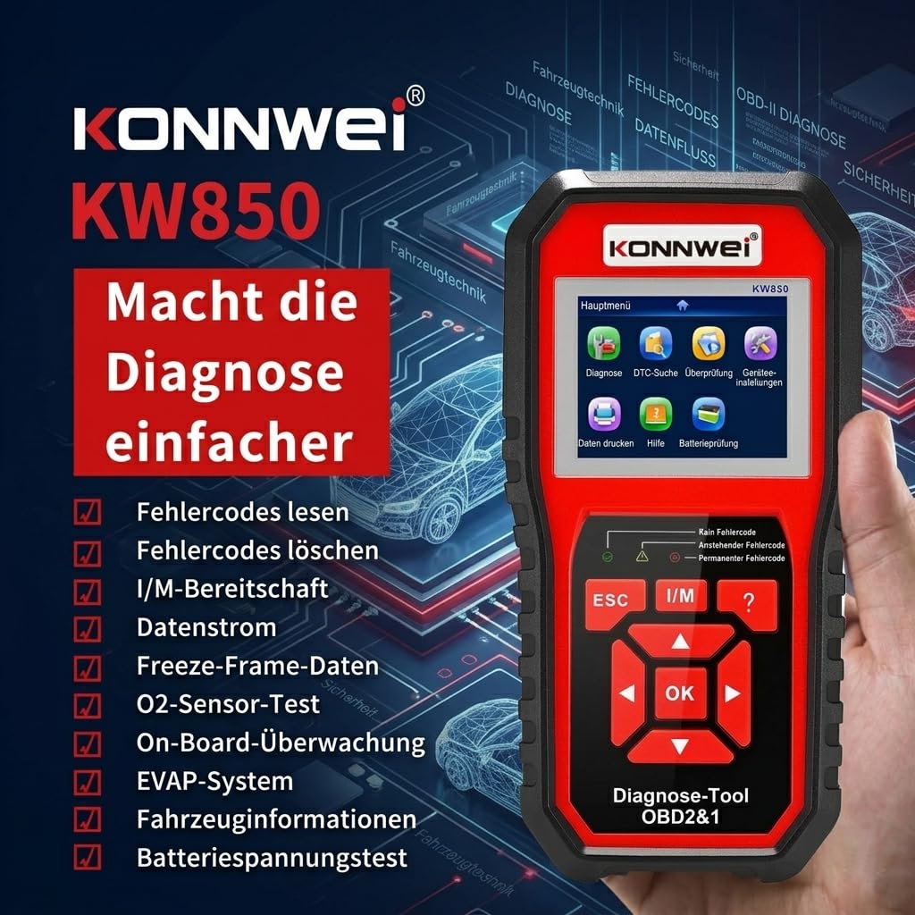 KONNWEI KW850 OBD2 Diagnosegerät mit Batterietest Diagnosegerät Auto | Auslesegerät Auto mit 2.8" Display, One Touch I/M Bereitschaftstaste, Kompatibel mit OBDII Fahrzeugen ab 2002,9 Sprachen