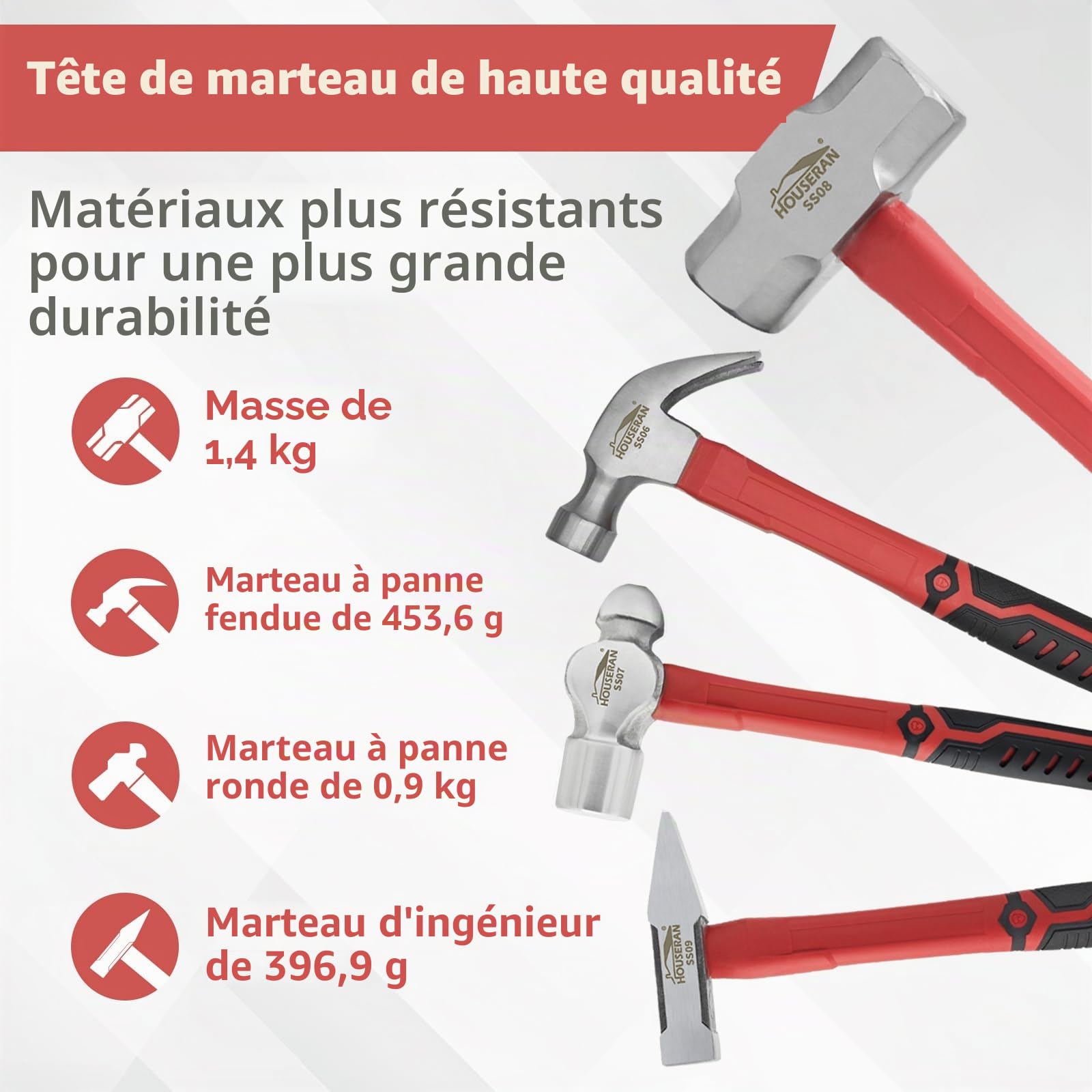 Set de 7 Marteaux en Acier Forgé Panne Fendue Rivoir Massette | 7 marteaux en acier forgé: panne fendue, rivoir, massette et maillet. Manches antidérapants pour tous travaux et bricolage.