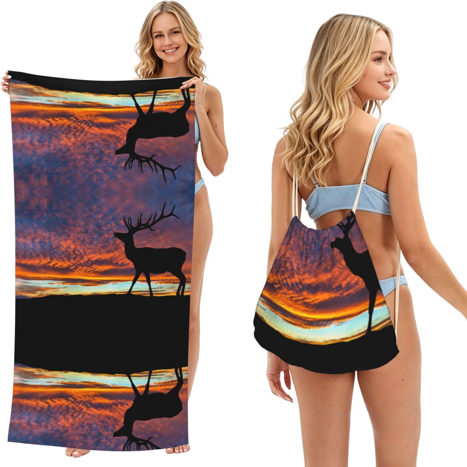 SATUSA Red Deer Bull Elk Sunset Print 2-In-1 Foldable Beach Towel Backpack â€“ Camping, Yoga And Travel,Bath Towel With Built-In Storage, Convertible Beach Mat & Carry Bag