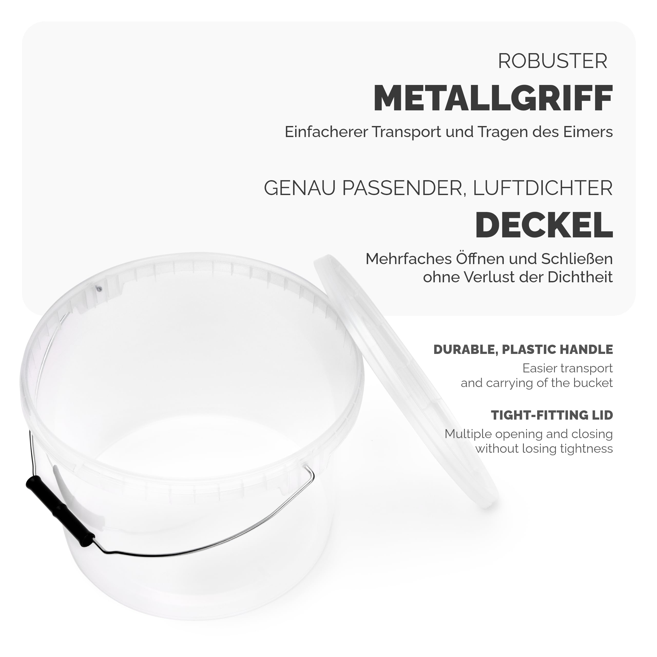 Garronda Eimer mit Deckel 10 Liter 10 Stück Aufbewahrungsbehälter GD-0072 | Transparent, für die Lagerung von Lebensmitteln und chemischen Produkten, kompakter Plastikbehälter für Haushalt und Gewerbe