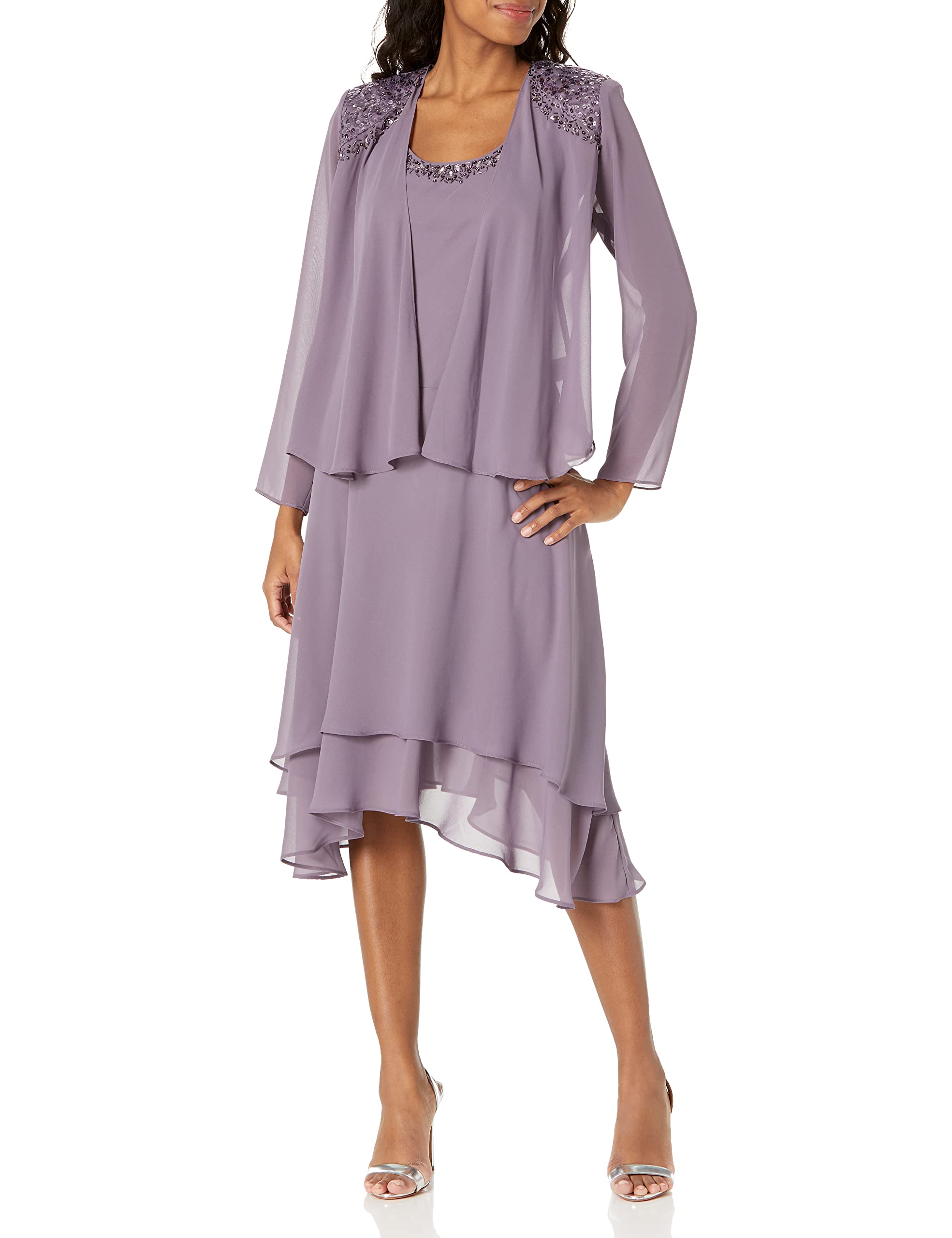 S.L. Fashions Women's Two-Piece Dress with Long-Sleeve Embellished Jacket Special Occasion, ICY Orchid, 22