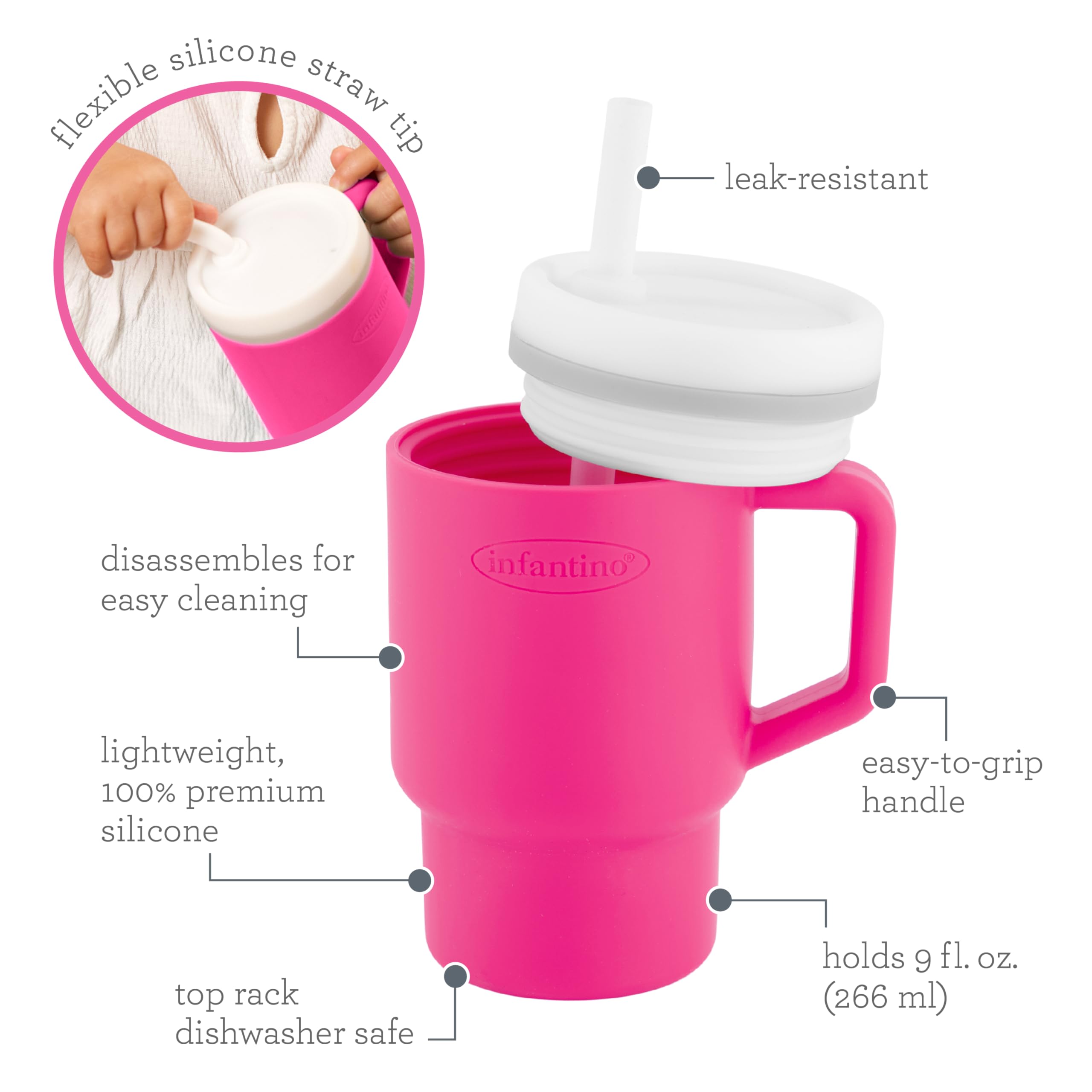 INFANTINO My 1st Tumbler – uroczy miniaturowy kubek z szczelną słomką i uchwytem przyjaznym dla małych dzieci, zachęca do nawodnienia, łatwy do czyszczenia, 25 ml, guma bąbelkowa